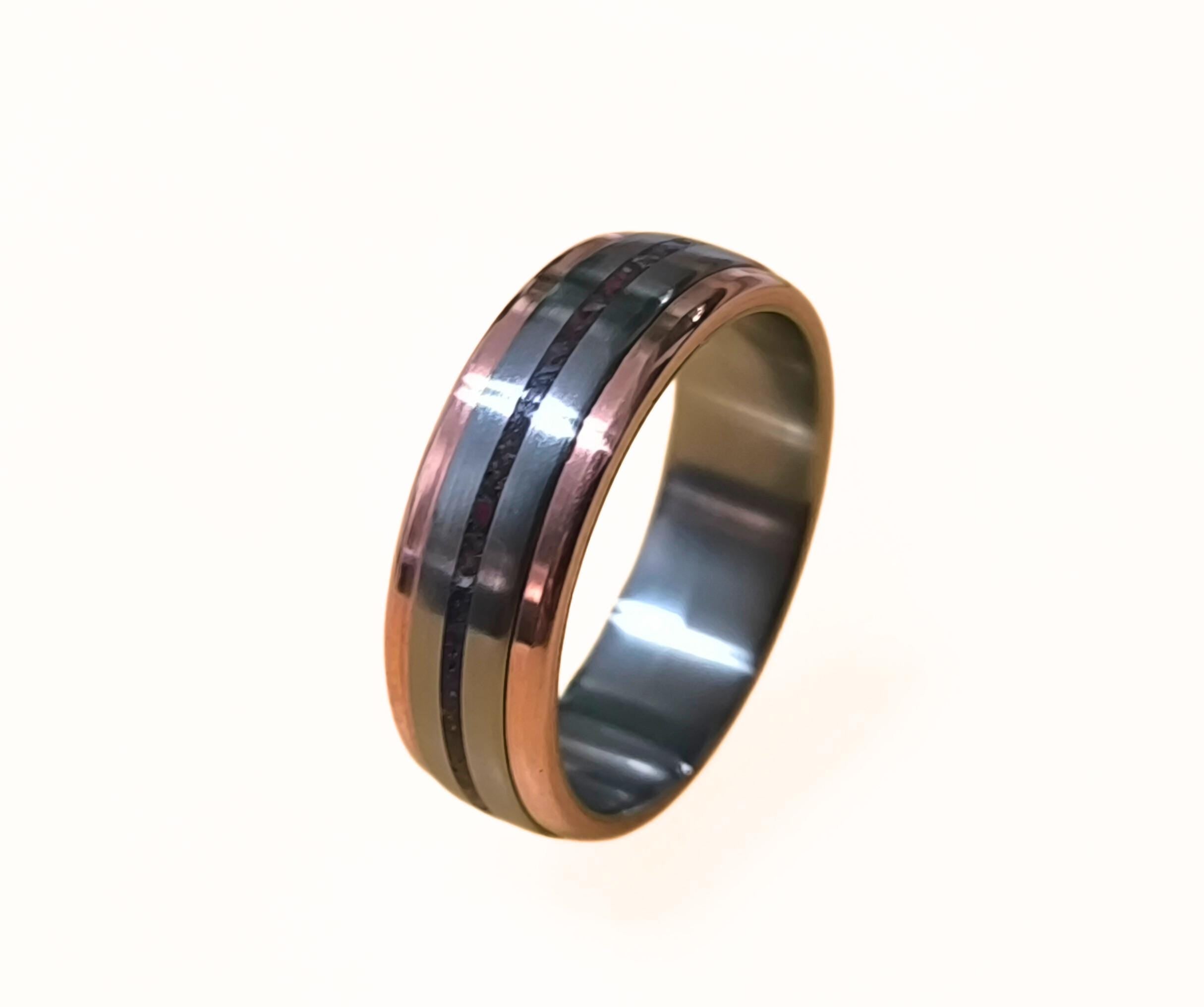 Titanium Ring with Mixed Stone Inlay: Garnet & Amethyst, Handmade Copper Accent