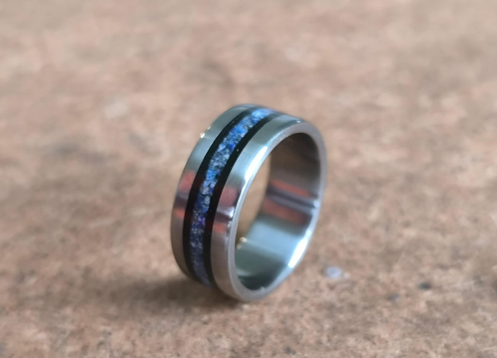 Titanium Ring: Ebony Wood & Lapis Lazuli Inlay - Handmade Wedding Band