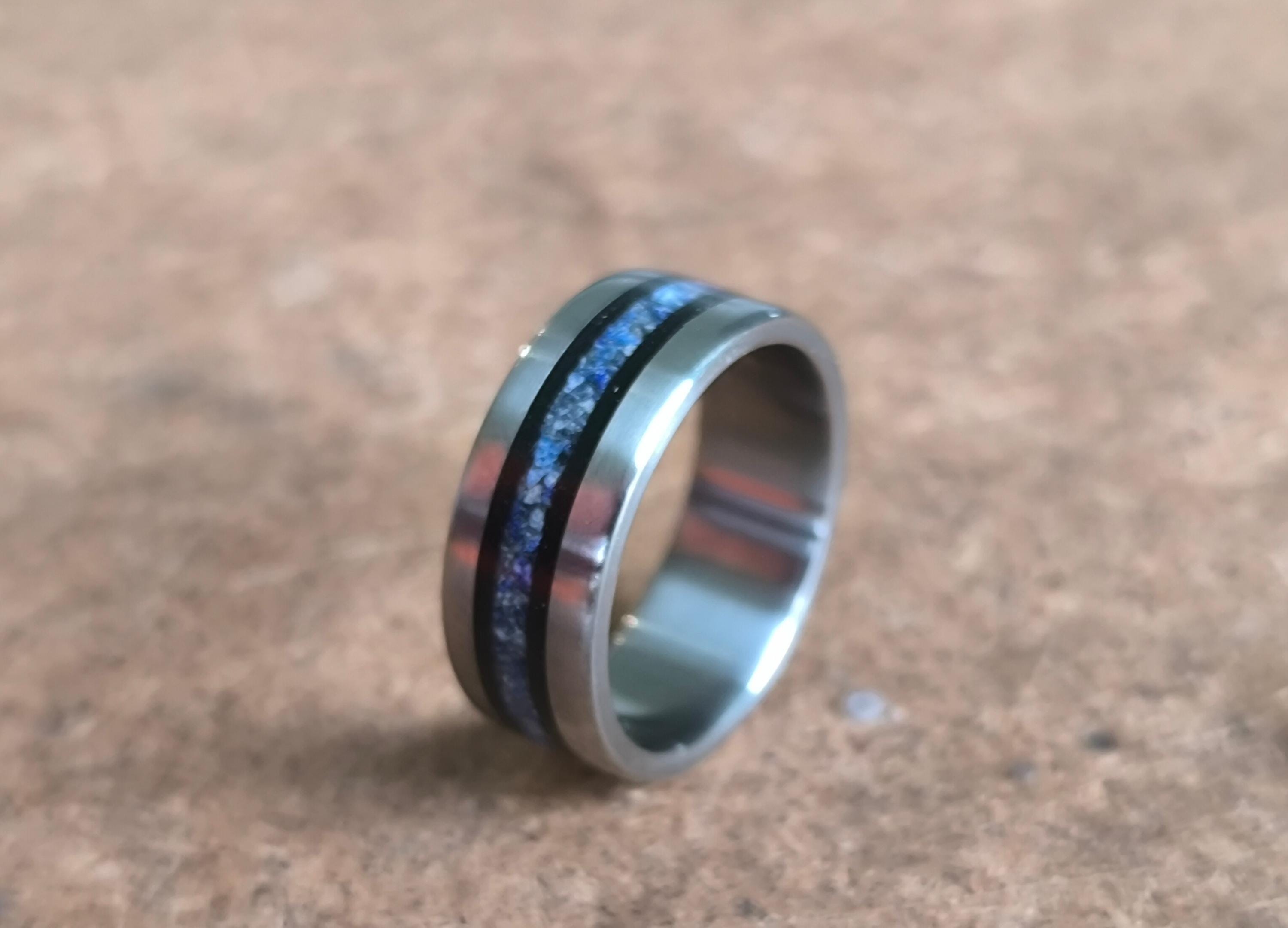 Titanium Ring: Ebony Wood & Lapis Lazuli Inlay - Handmade Wedding Band