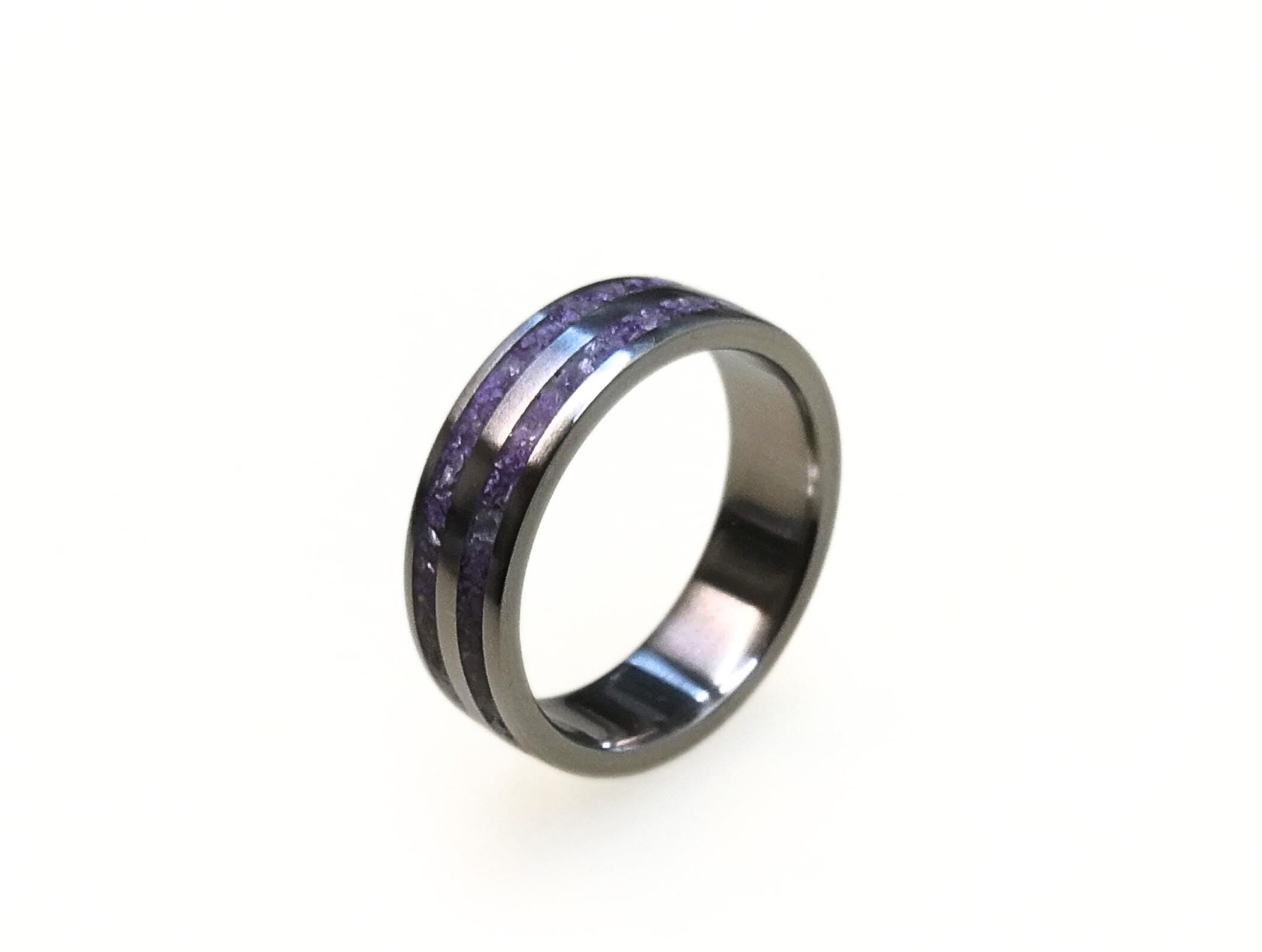 Titanium Ring with Crushed Amethyst Inlay: Handmade Purple Band