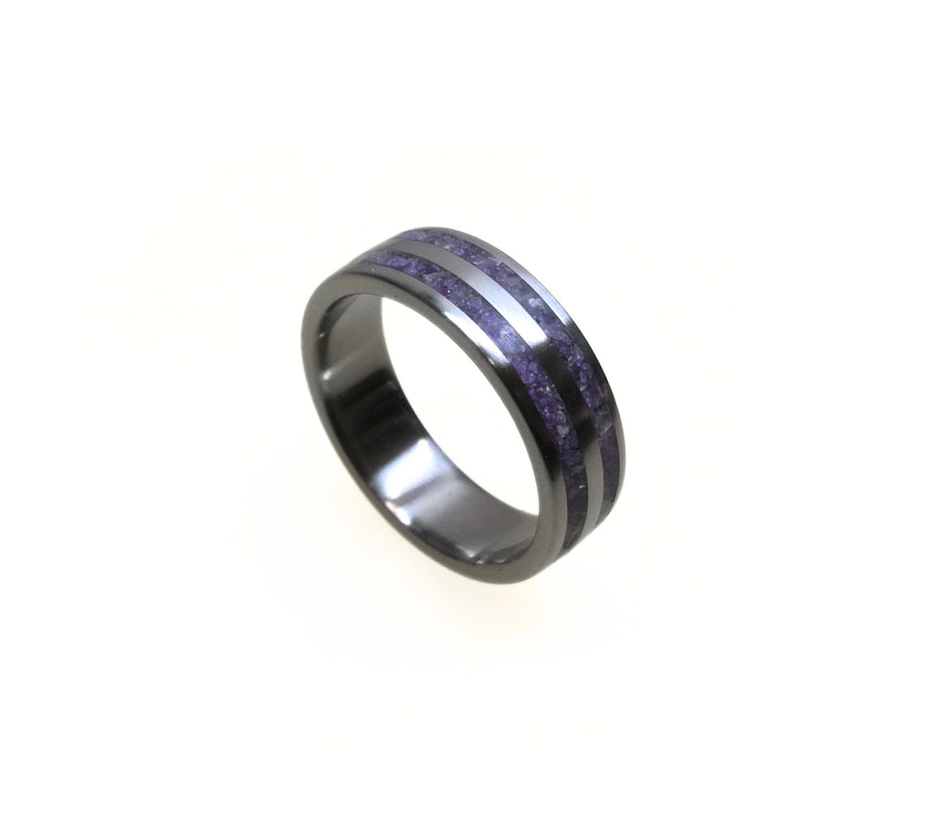 Titanium Ring with Crushed Amethyst Inlay: Handmade Purple Band