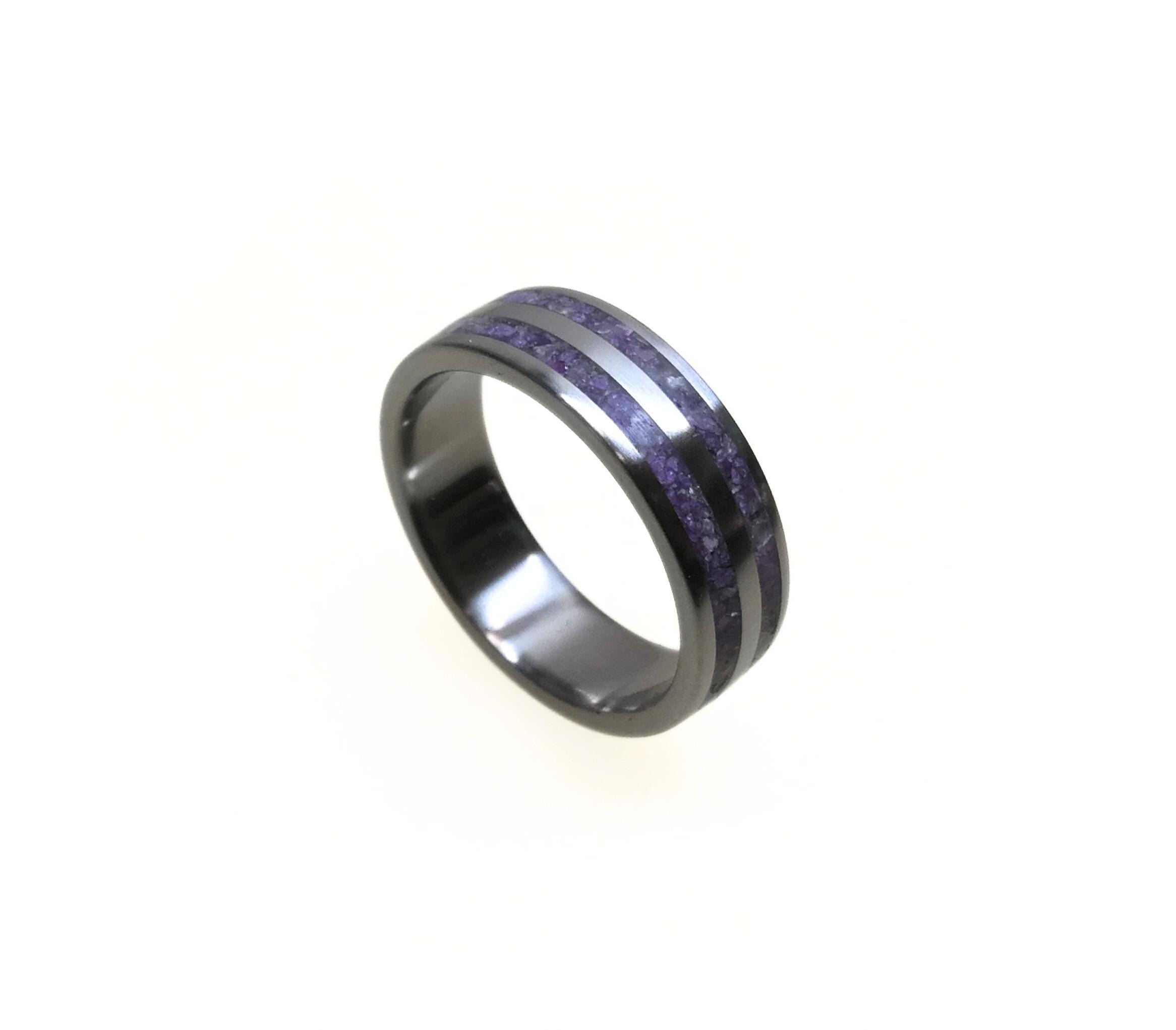 Titanium Ring with Crushed Amethyst Inlay: Handmade Purple Band