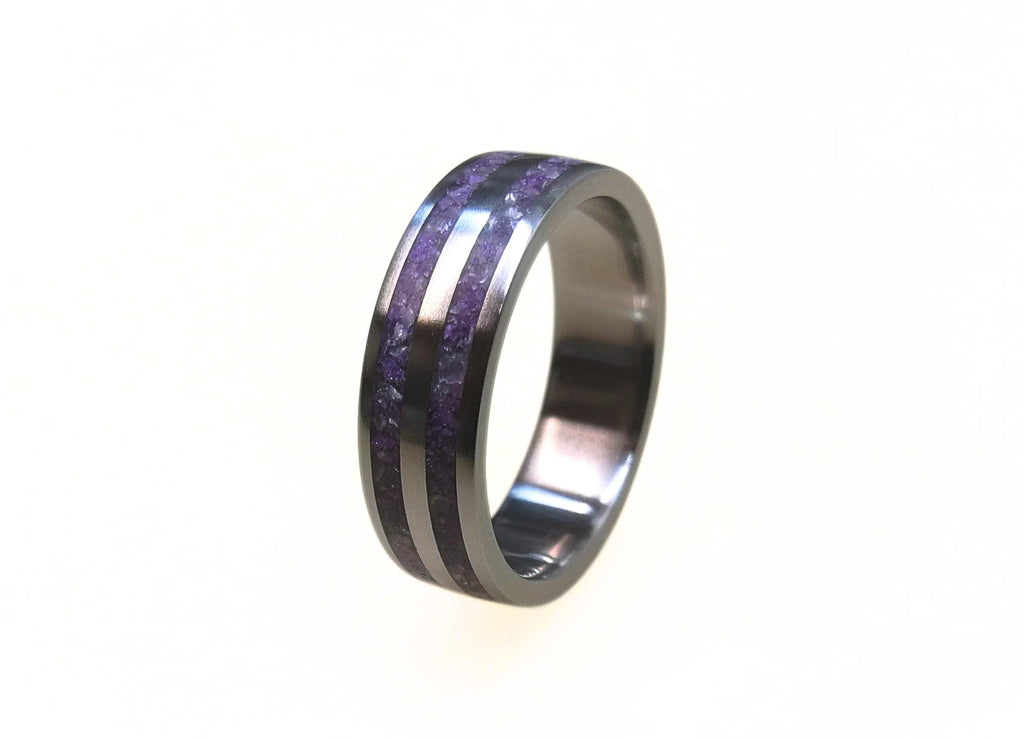 Titanium Ring with Crushed Amethyst Inlay: Handmade Purple Band