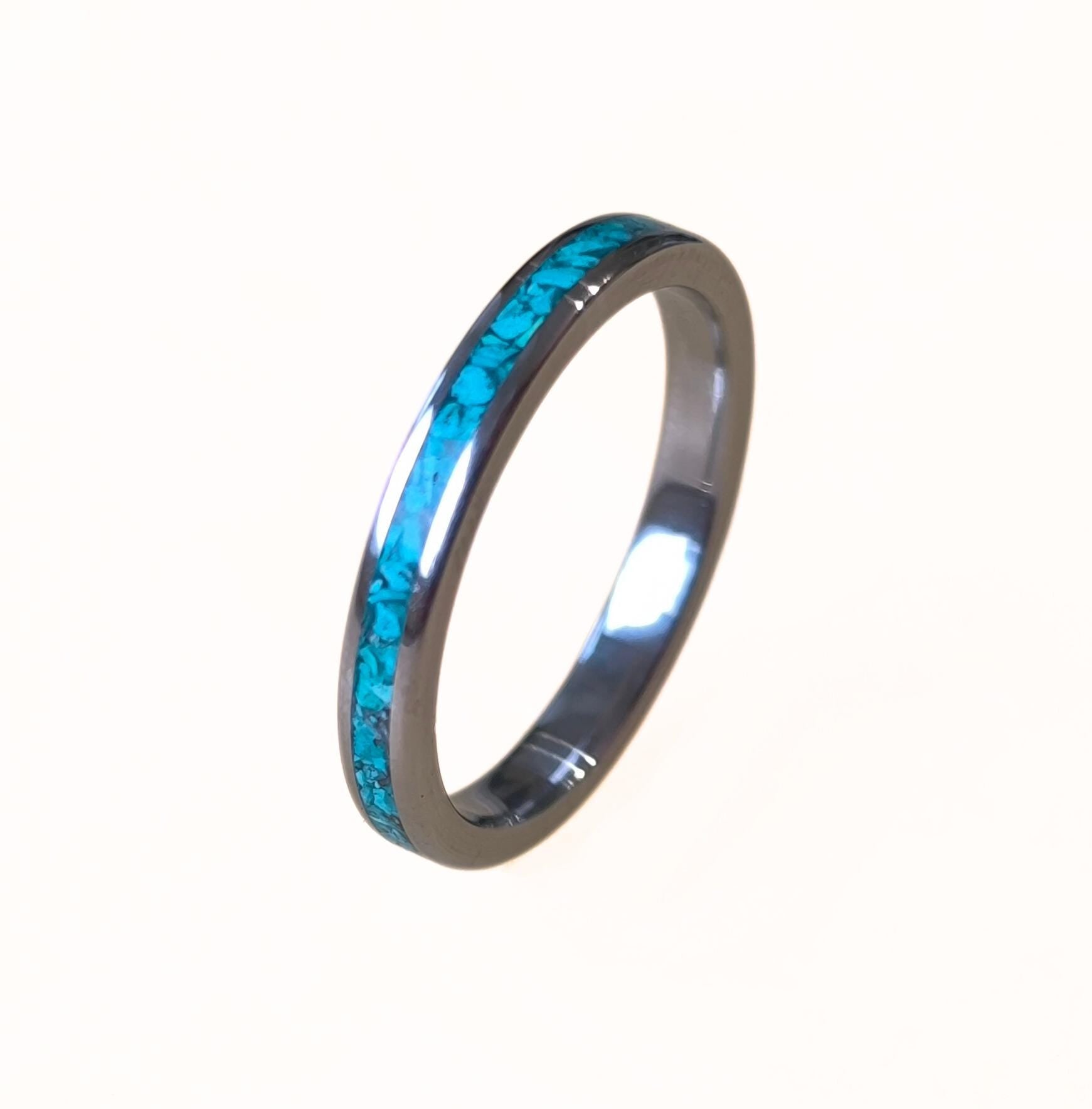 Handmade Titanium Ring with Turquoise Inlay - Women's Wedding Band