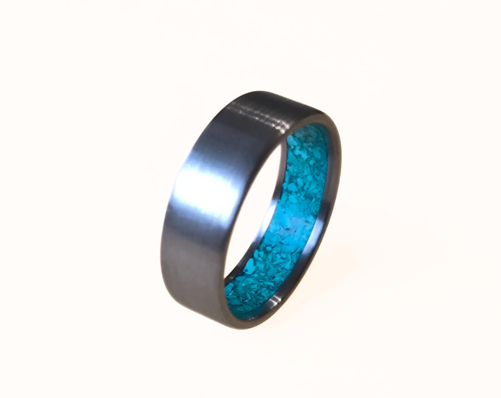 Brushed Titanium Ring with Turquoise Inlay - Handmade Band