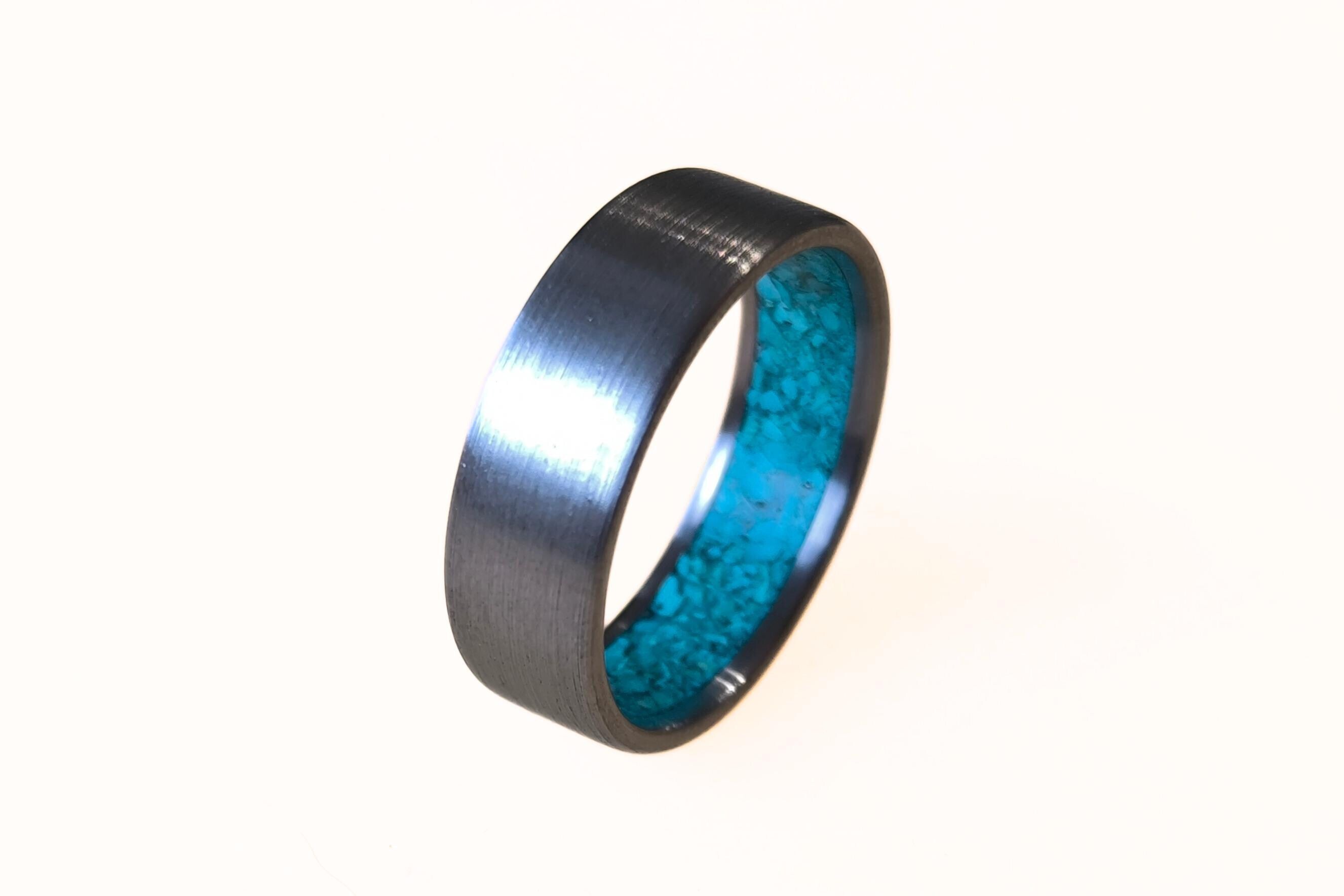Brushed Titanium Ring with Turquoise Inlay - Handmade Band