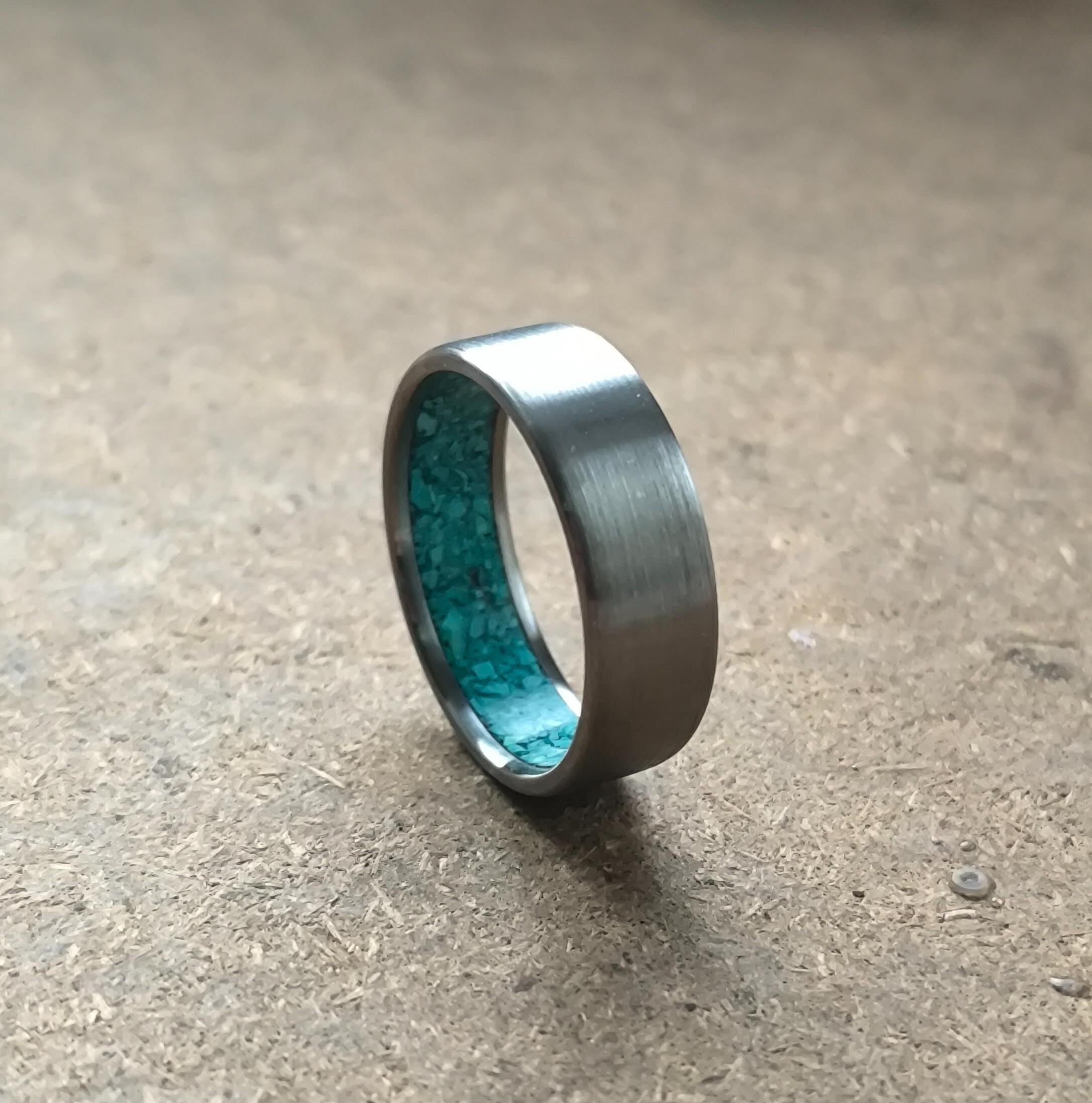 Brushed Titanium Ring with Turquoise Inlay - Handmade Band