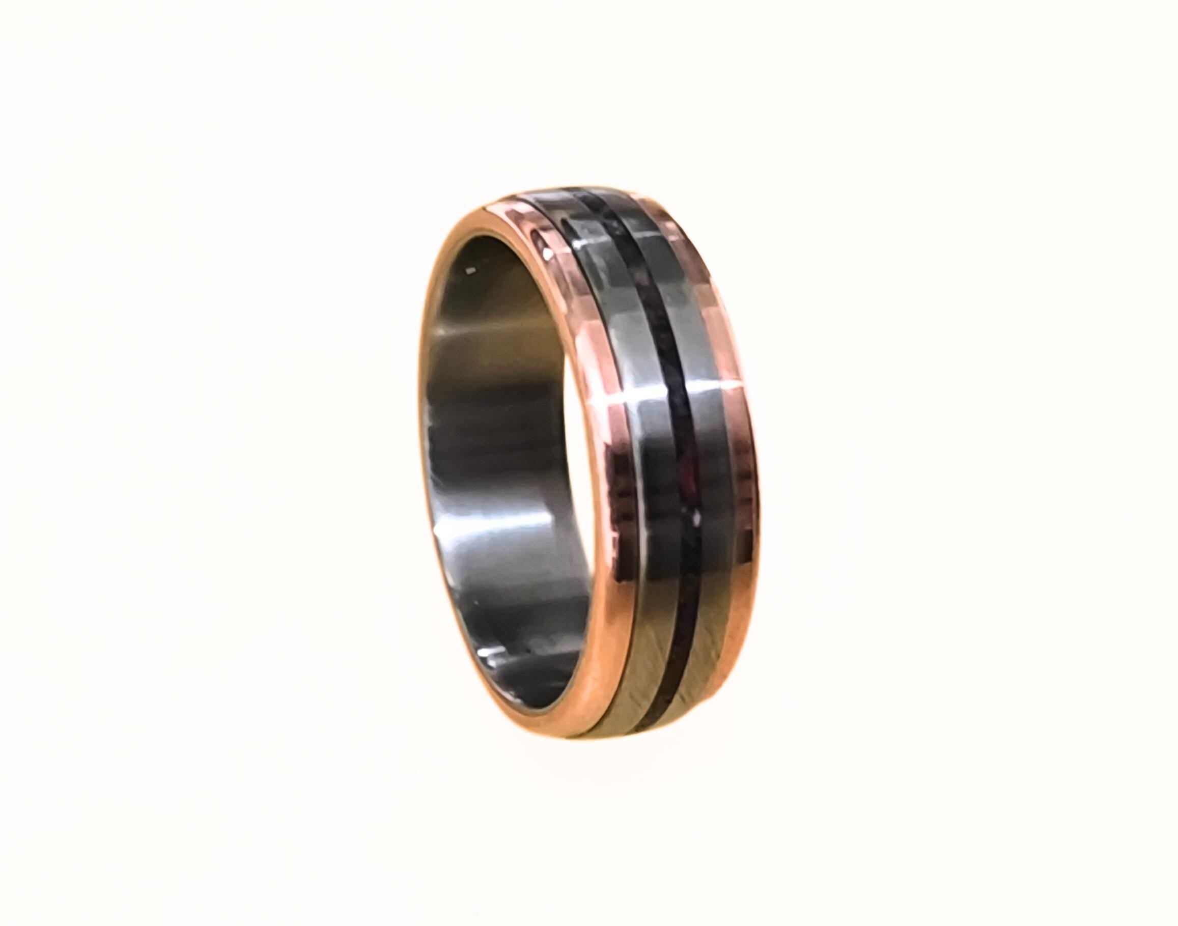 Titanium Ring with Mixed Stone Inlay: Garnet & Amethyst, Handmade Copper Accent