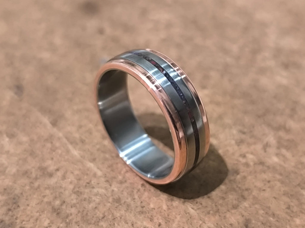 Titanium Ring with Mixed Stone Inlay: Garnet & Amethyst, Handmade Copper Accent