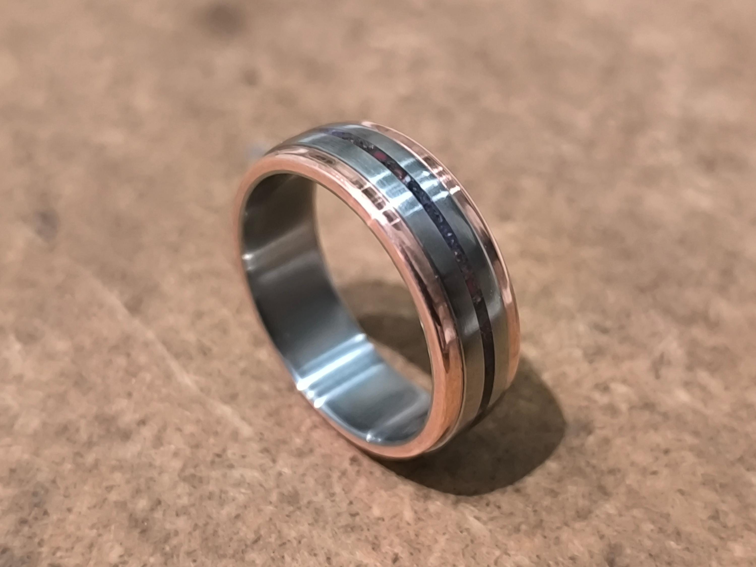 Titanium Ring with Mixed Stone Inlay: Garnet & Amethyst, Handmade Copper Accent