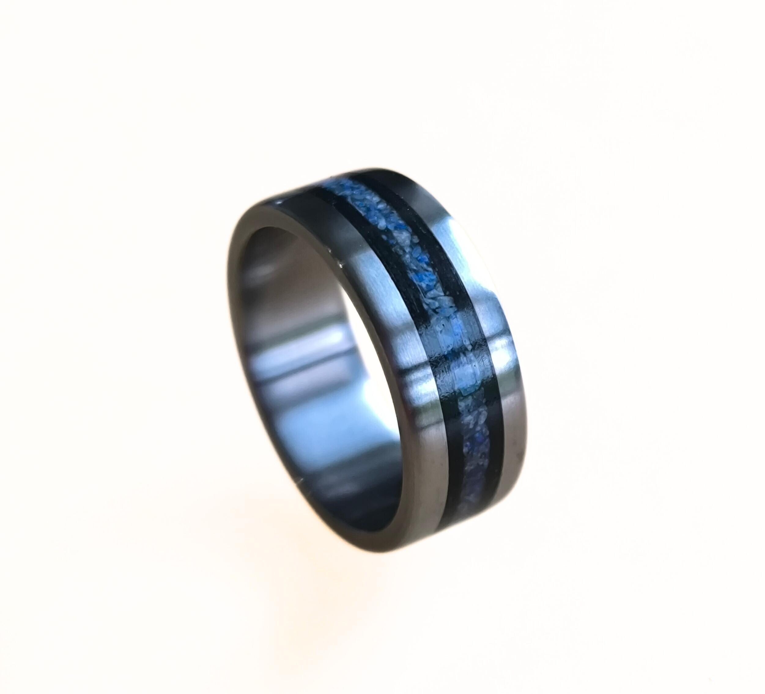 Titanium Ring: Ebony Wood & Lapis Lazuli Inlay - Handmade Wedding Band