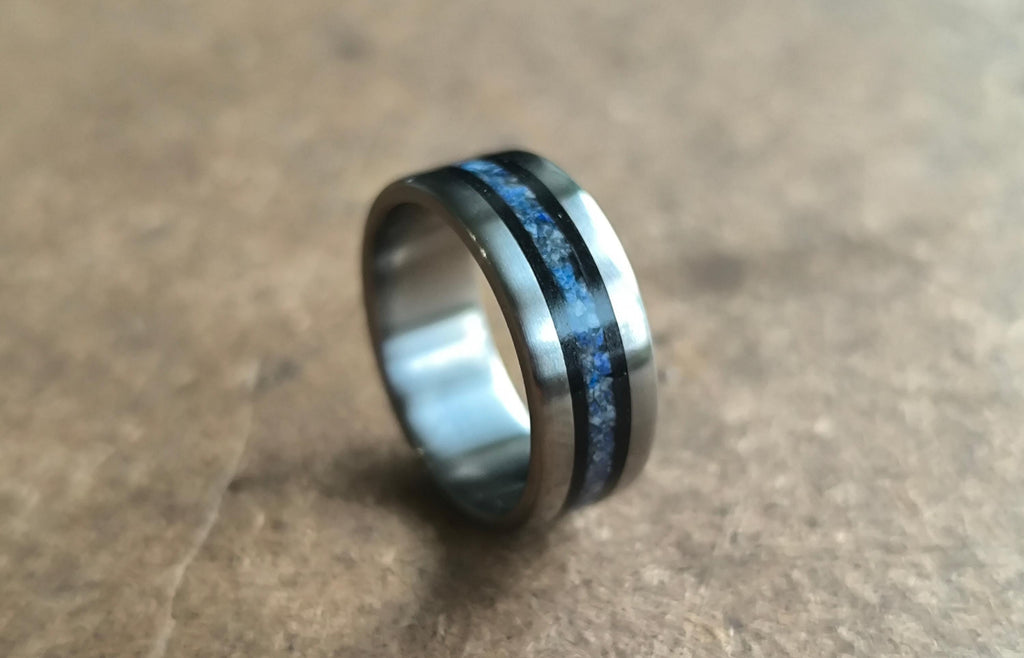 Titanium Ring: Ebony Wood & Lapis Lazuli Inlay - Handmade Wedding Band