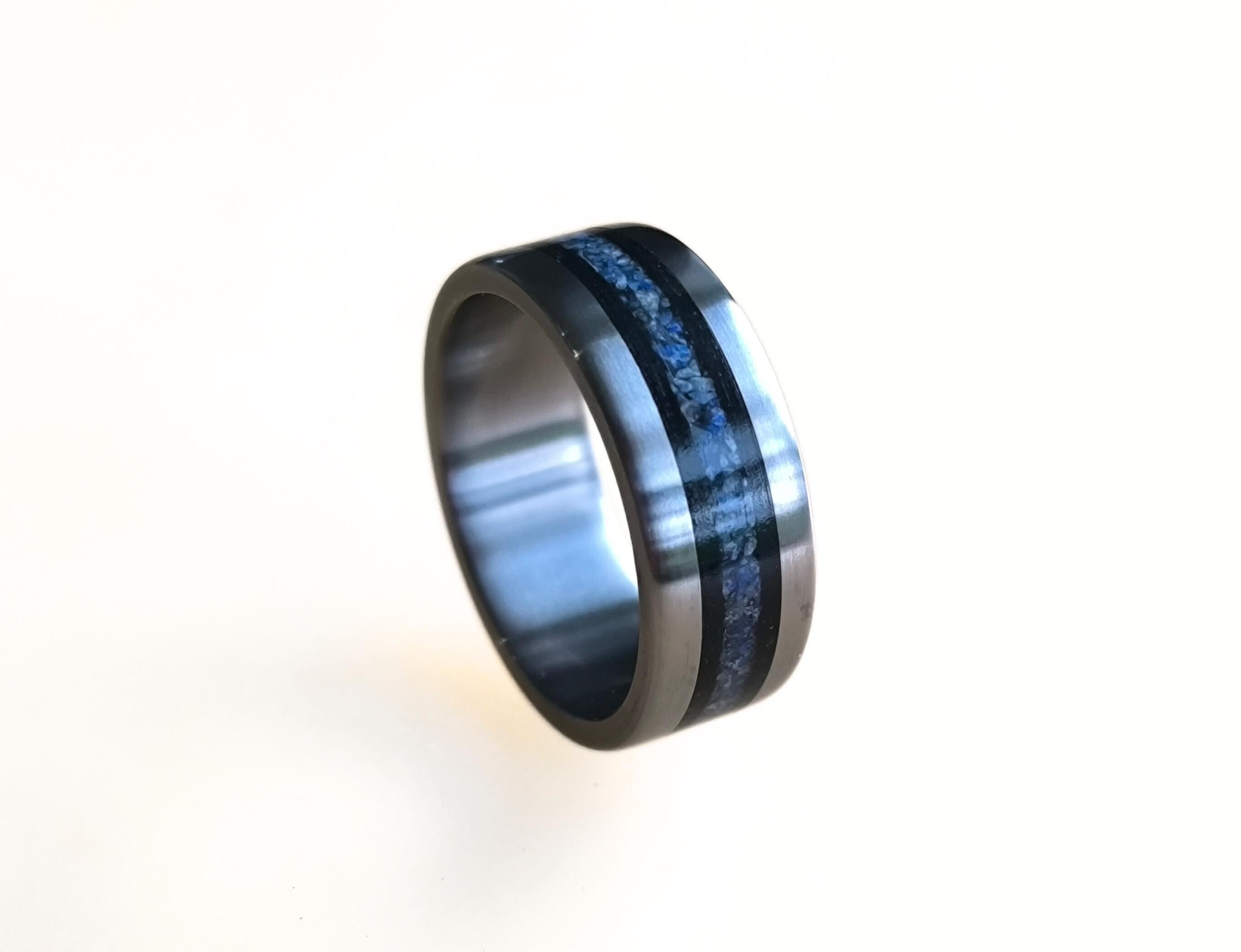 Titanium Ring: Ebony Wood & Lapis Lazuli Inlay - Handmade Wedding Band