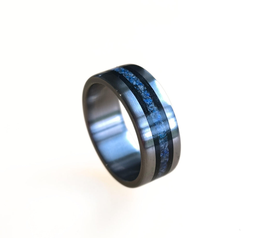 Titanium Ring: Ebony Wood & Lapis Lazuli Inlay - Handmade Wedding Band
