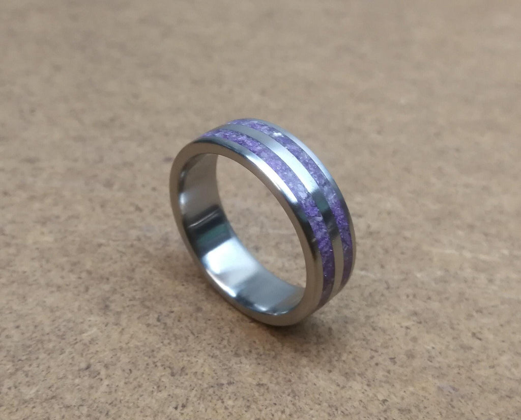 Titanium Ring with Crushed Amethyst Inlay: Handmade Purple Band