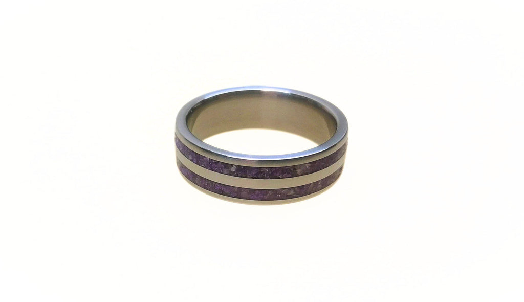 Titanium Ring with Crushed Amethyst Inlay: Handmade Purple Band