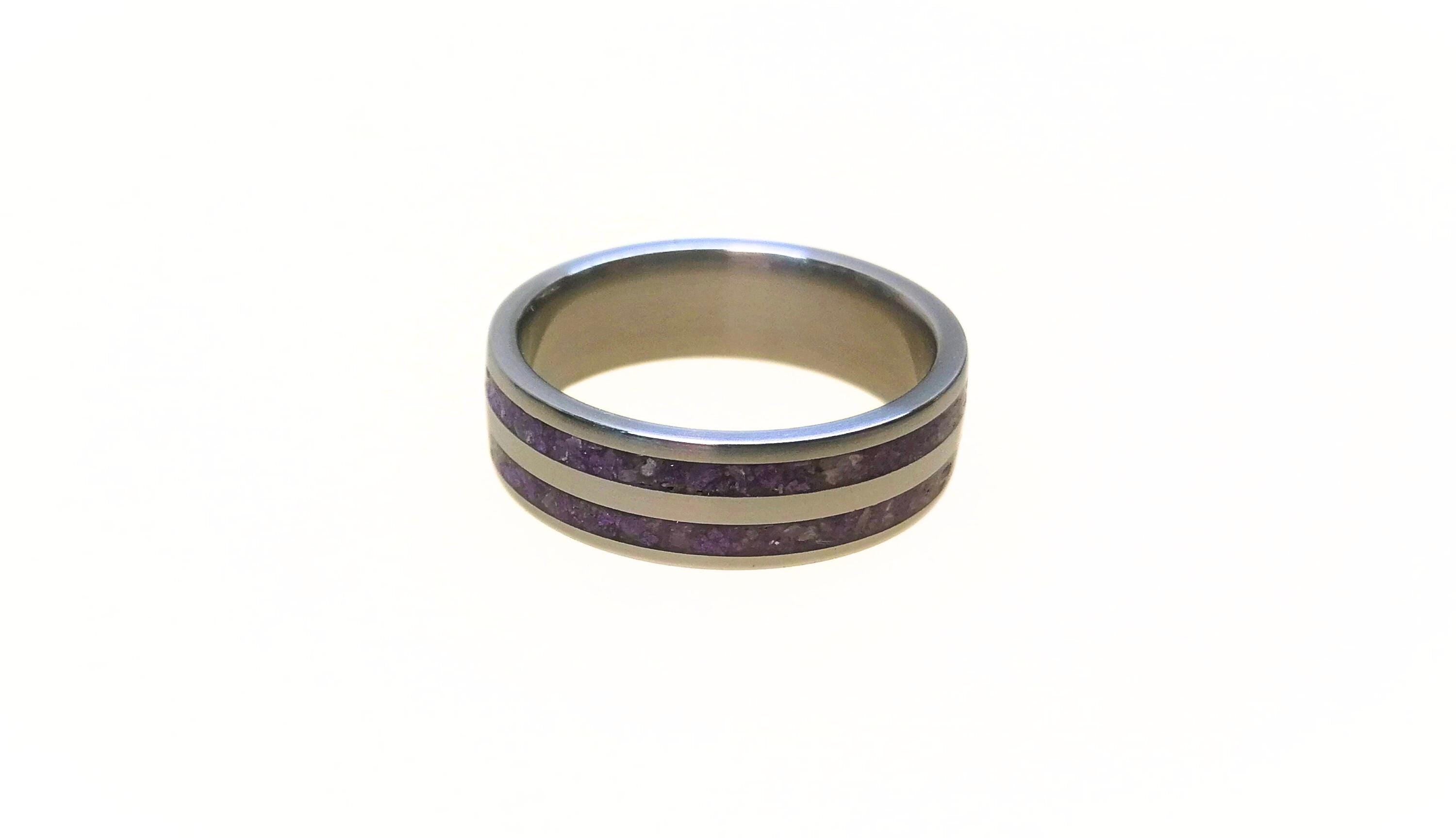Titanium Ring with Crushed Amethyst Inlay: Handmade Purple Band