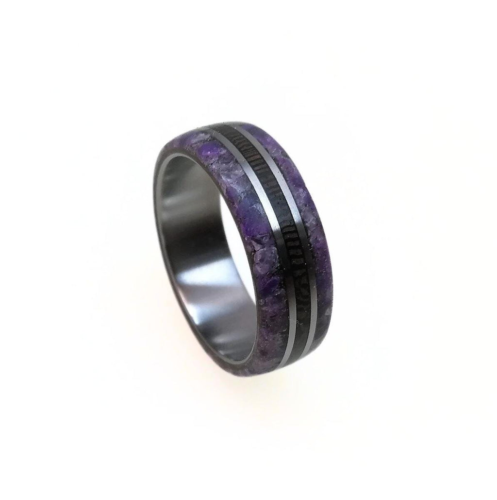 Custom Titanium Wedding Ring: Wenge Wood & Amethyst Inlay